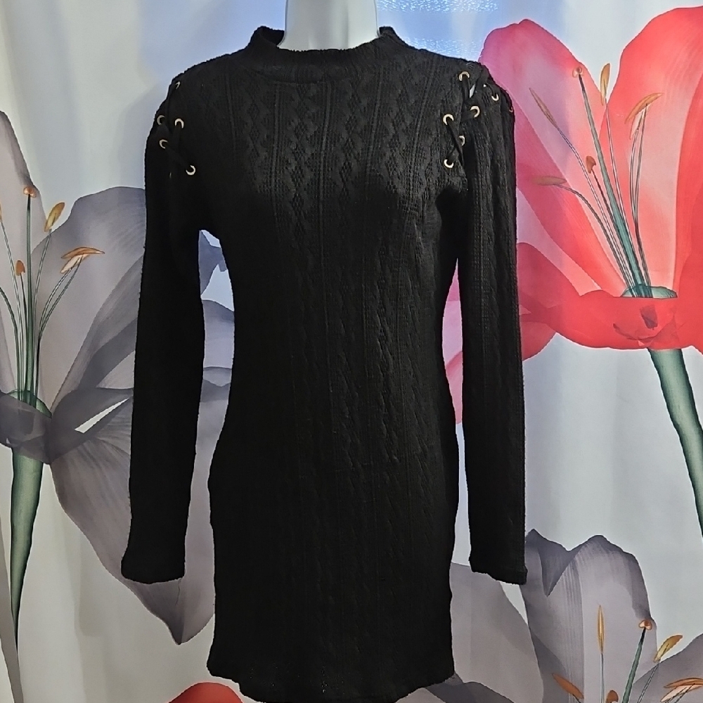 Lac Bleu Elegant Black Long Sleeve Knit Dress
